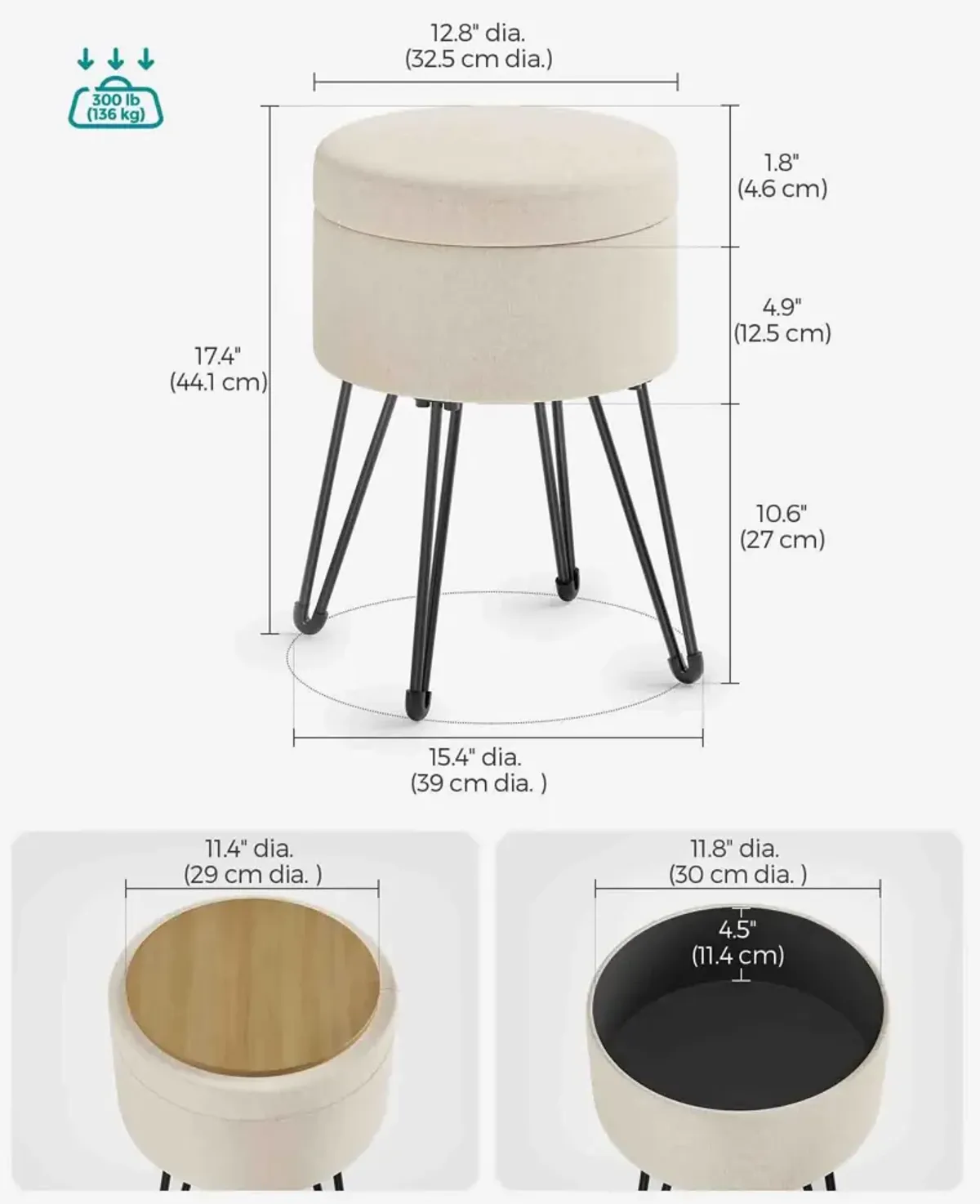 Compact Vanity Stool with Hidden Storage for Bedroom or Bathroom