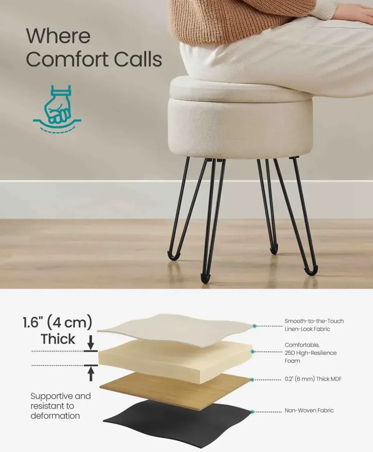 Compact Vanity Stool with Hidden Storage for Bedroom or Bathroom