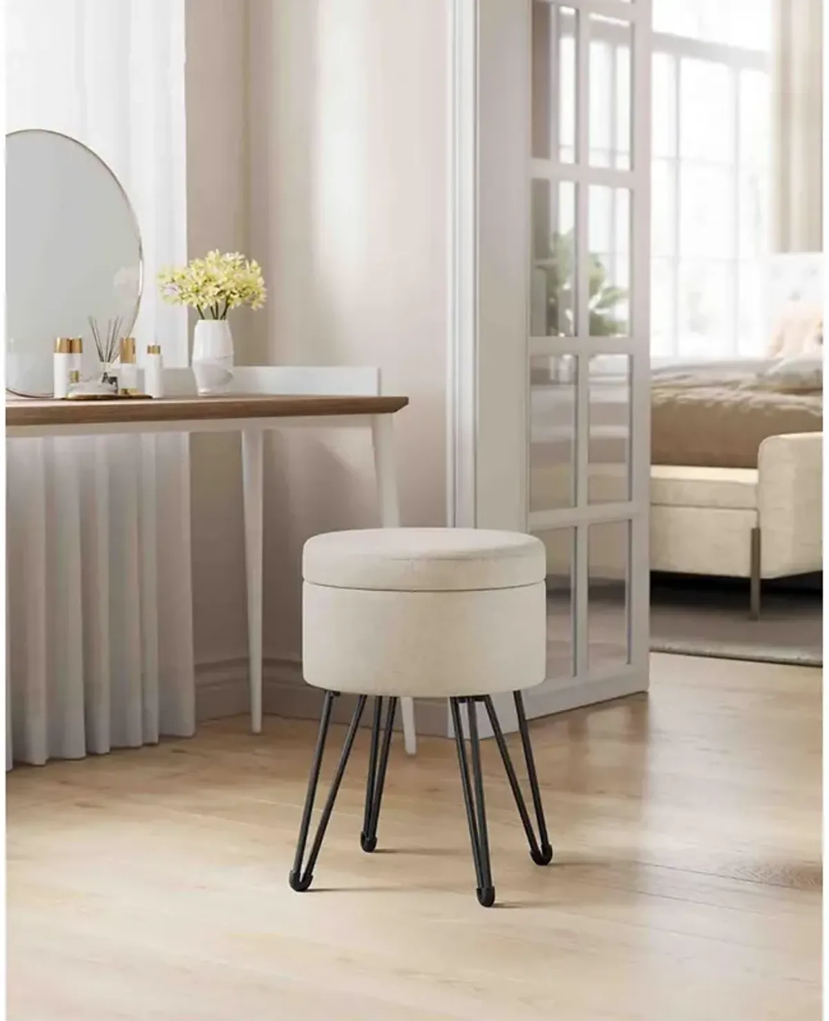 Compact Vanity Stool with Hidden Storage for Bedroom or Bathroom