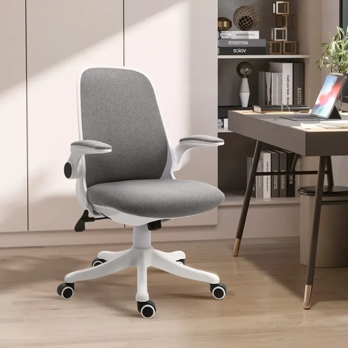 Grey Task Seater: Linen-Touch Fabric Office Chair with Adjustable Arms