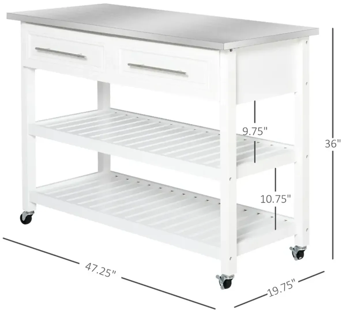 Sleek Kitchen Helper: White Rolling Cart with Steel Top & Glass Door