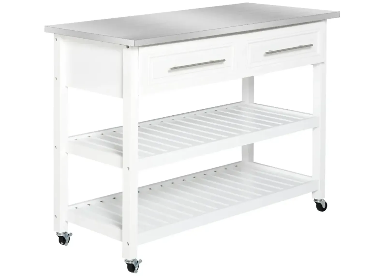 Sleek Kitchen Helper: White Rolling Cart with Steel Top & Glass Door