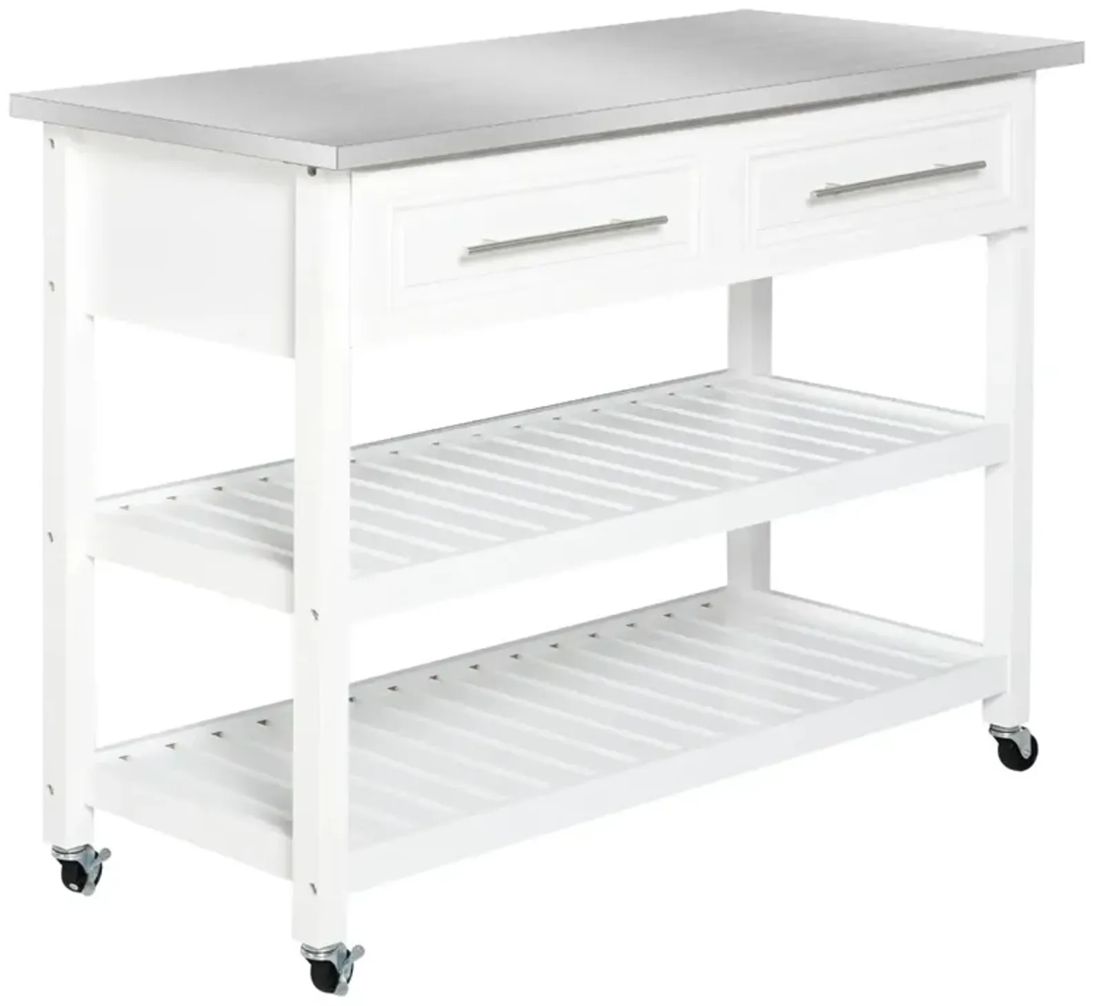 Sleek Kitchen Helper: White Rolling Cart with Steel Top & Glass Door