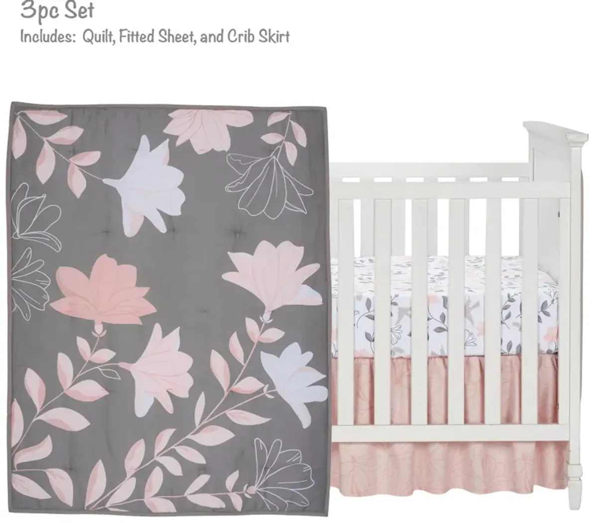 Lambs & Ivy Petals Gray/Pink Sateen Cotton Floral 3-Piece Baby Crib Bedding Set