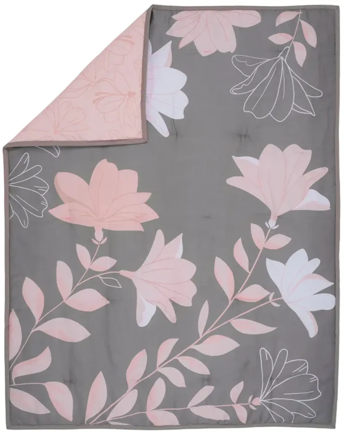 Lambs & Ivy Petals Gray/Pink Sateen Cotton Floral 3-Piece Baby Crib Bedding Set