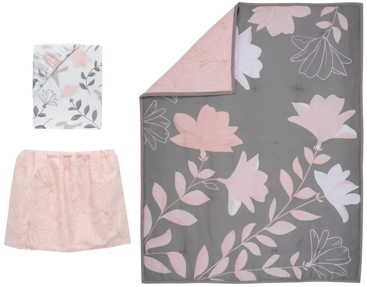 Lambs & Ivy Petals Gray/Pink Sateen Cotton Floral 3-Piece Baby Crib Bedding Set