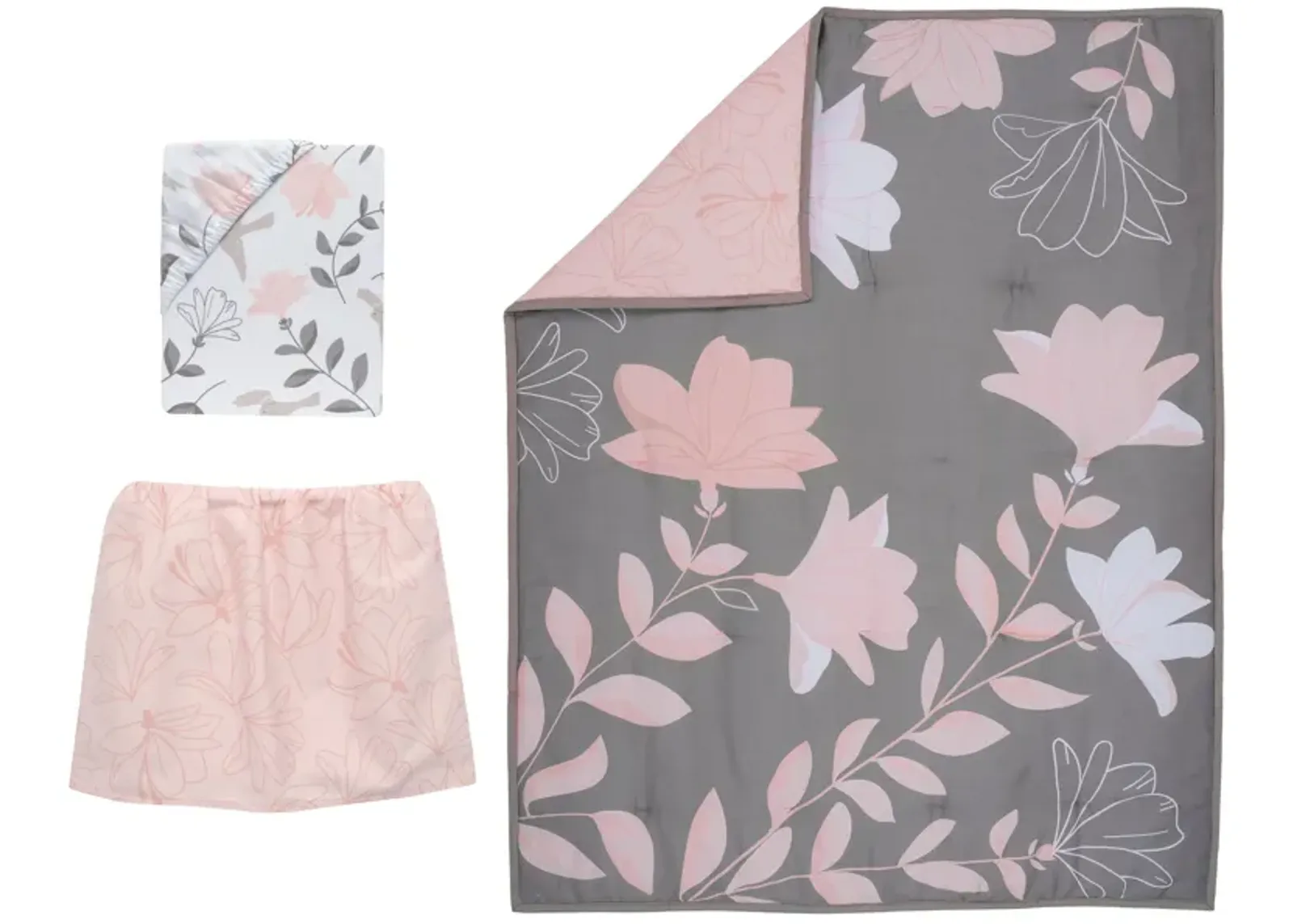 Lambs & Ivy Petals Gray/Pink Sateen Cotton Floral 3-Piece Baby Crib Bedding Set