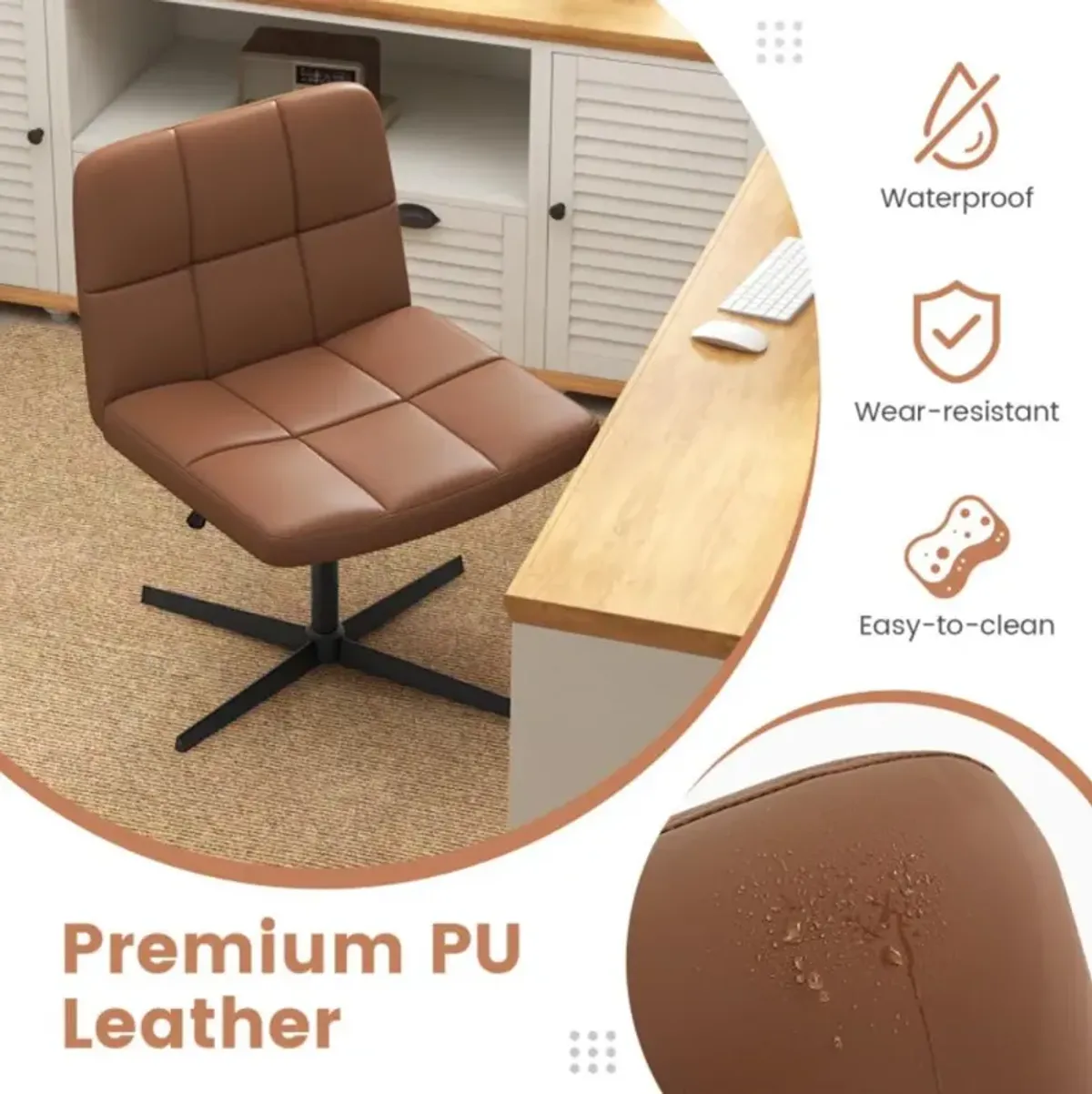 Hivvago PU Leather Upholstered Cross-legged Office Chair with Oversized U-shaped Seat for Home Office Make Up