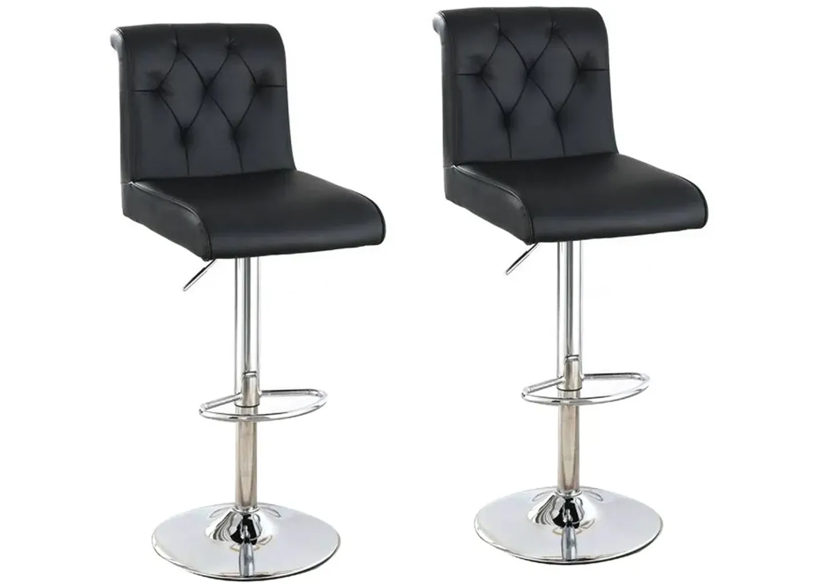 Adjustable Barstool with Rolled Button Tufted Back, Set of 2, Black-Benzara