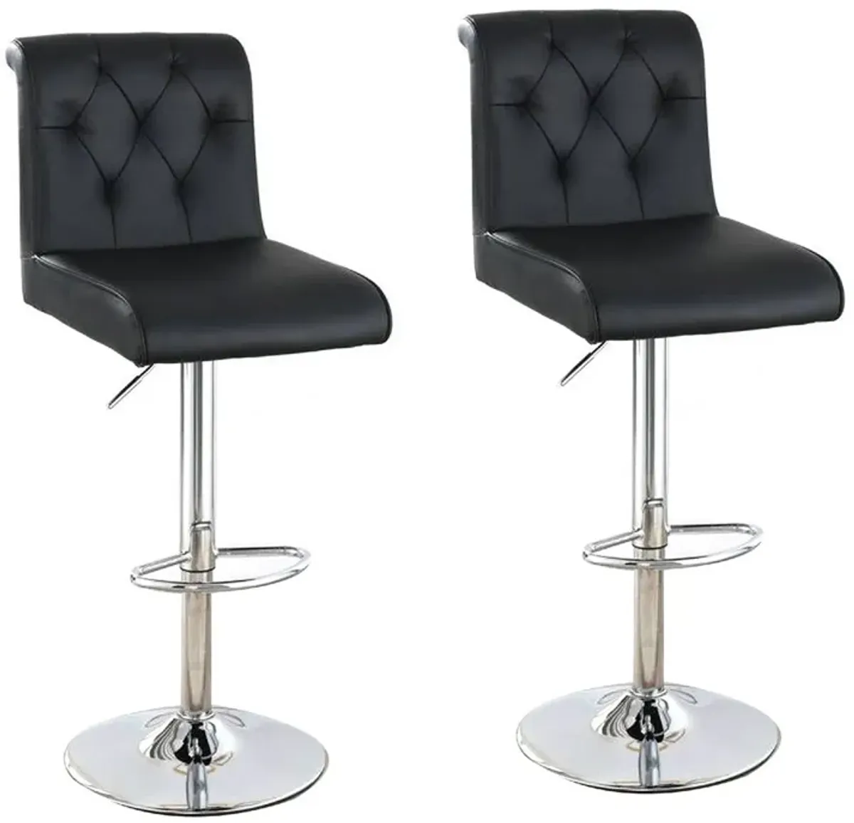 Adjustable Barstool with Rolled Button Tufted Back, Set of 2, Black-Benzara