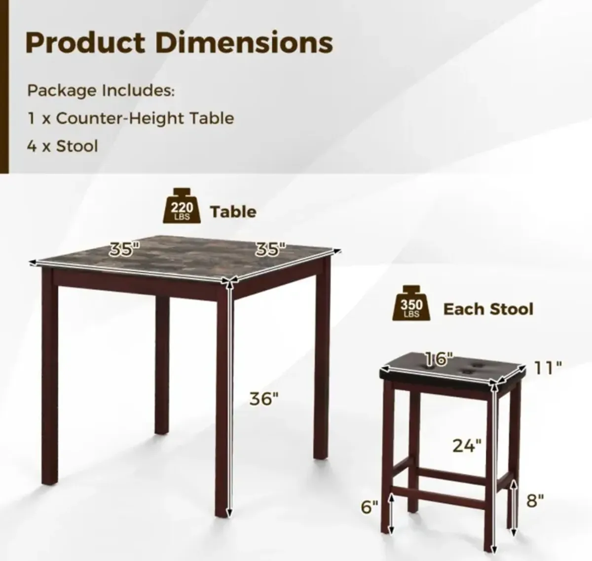 Hivvago 5-Piece Bar Table Set Counter-Height Dining Table and 4 Bar Stools