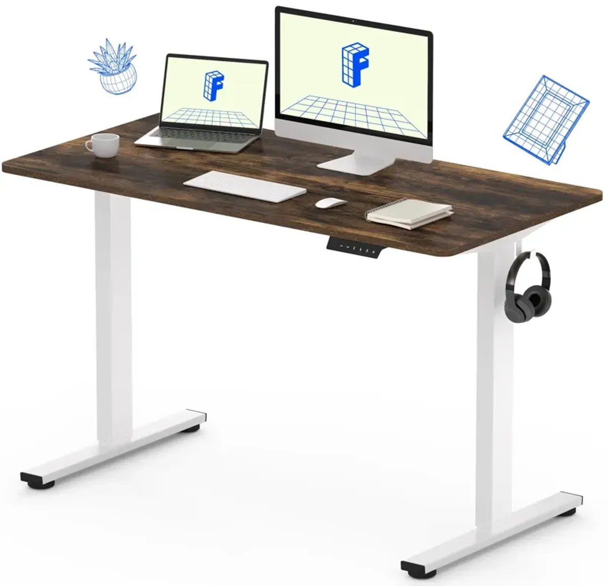 FLEXISPOT EN1 One Piece Standing Desk, 48 x 30 Electric Height Adjustable Desk Sit Stand Desk for Home Office (White Frame +