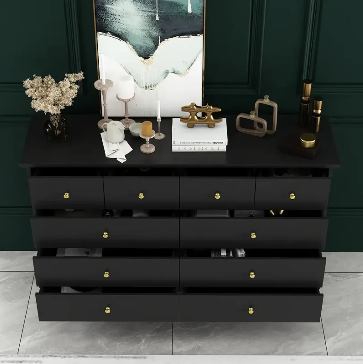 Black 10-Drawers Wood Double Chest of Drawer 55.1 in. W x 15.7 in. D x 35.4 in. H Dresser Organizer