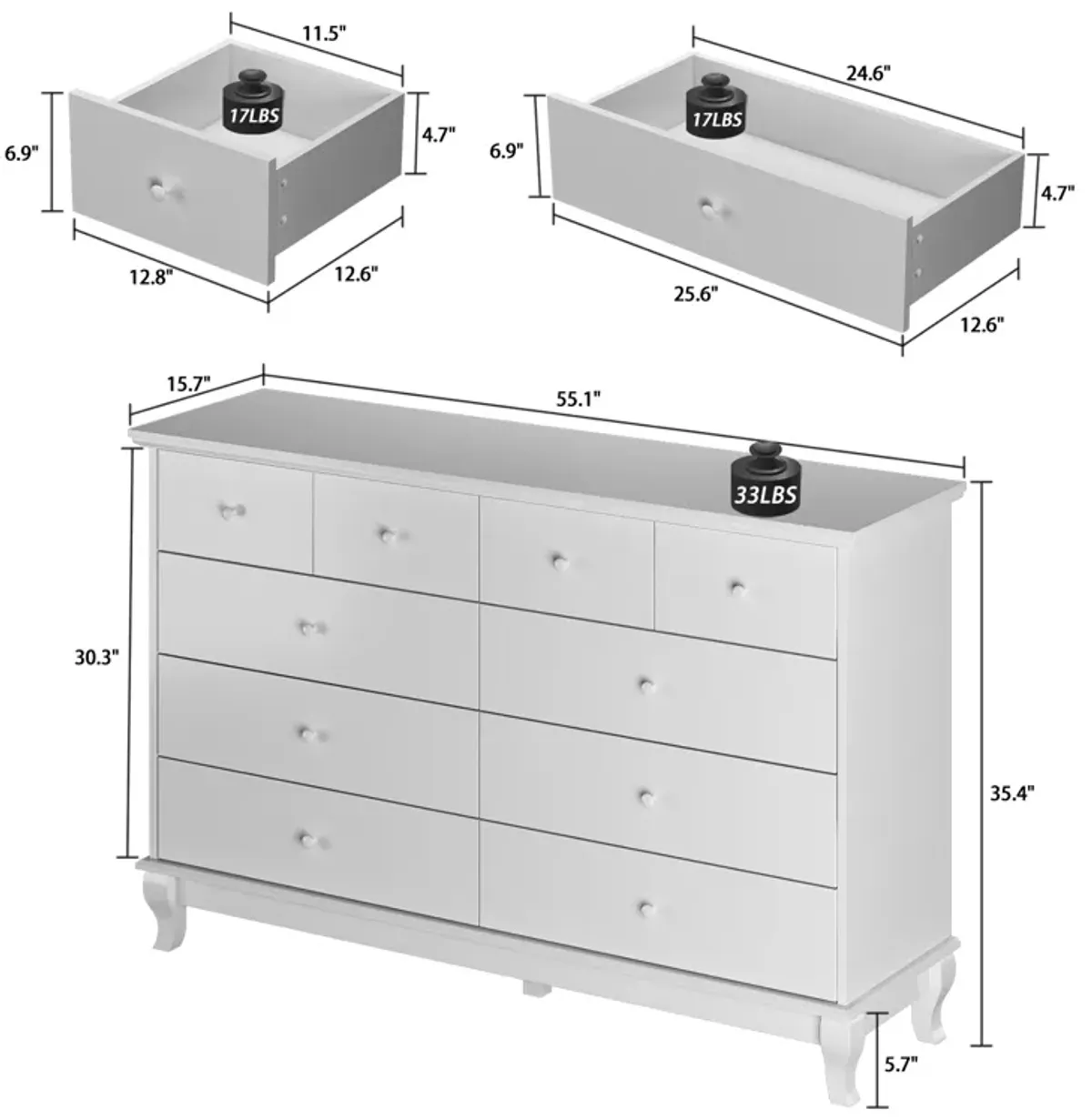 Black 10-Drawers Wood Double Chest of Drawer 55.1 in. W x 15.7 in. D x 35.4 in. H Dresser Organizer