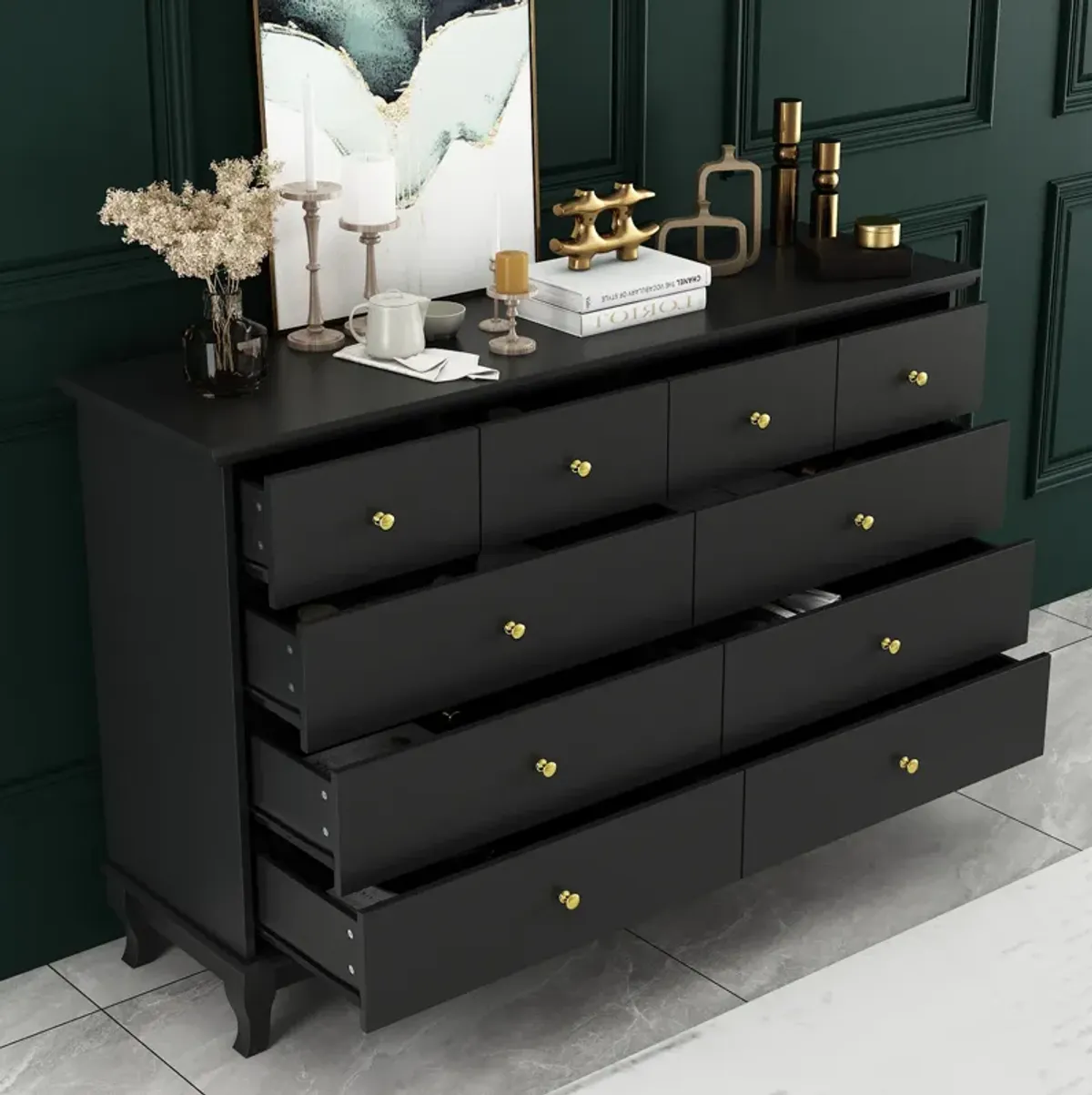 Black 10-Drawers Wood Double Chest of Drawer 55.1 in. W x 15.7 in. D x 35.4 in. H Dresser Organizer