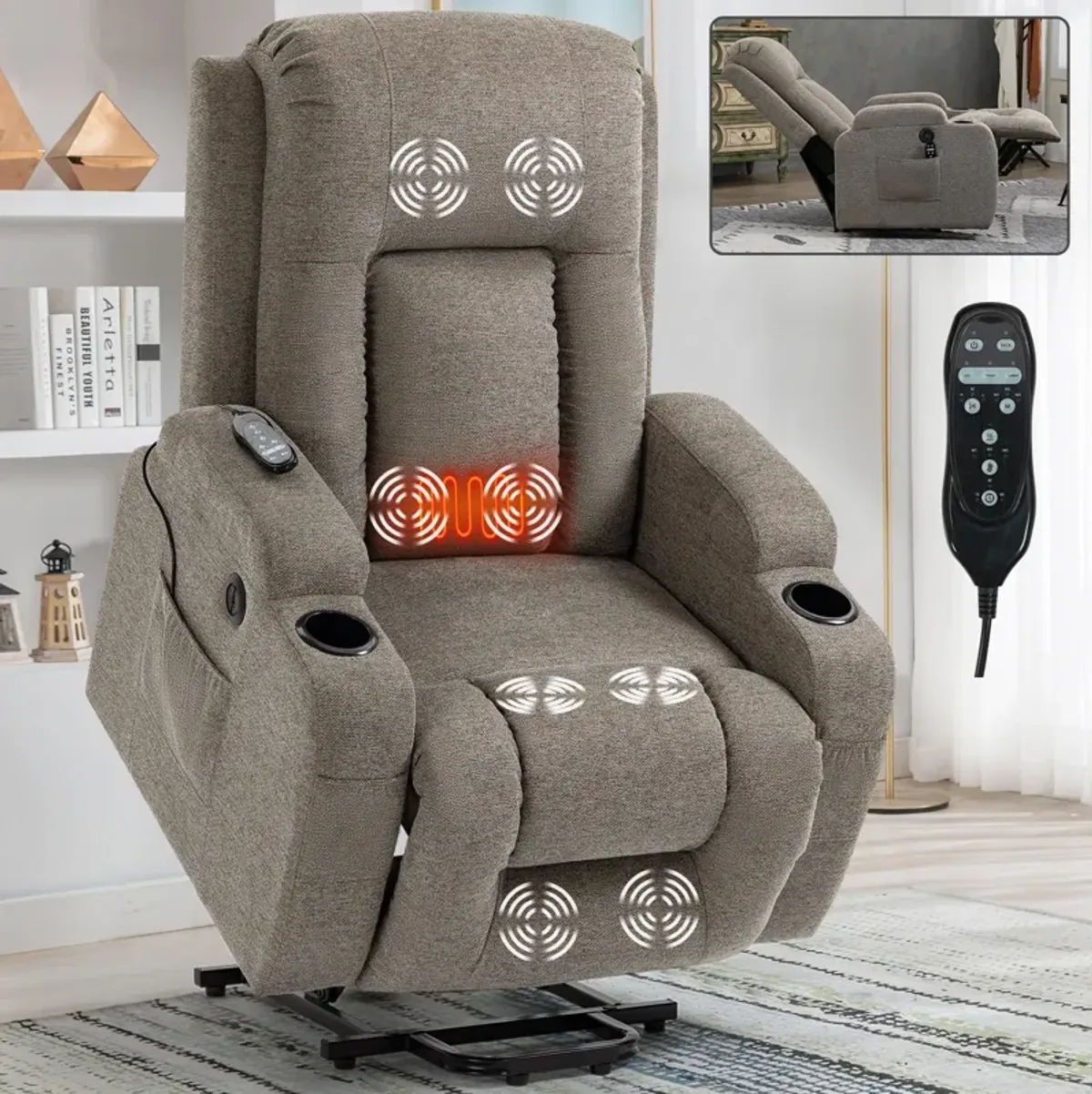 Mondawe Power Lift Recliner Chair , Heavy Duty Motion Mechanism with 8-Point Vibration Massage and Lumbar Heating, USB Charging Port