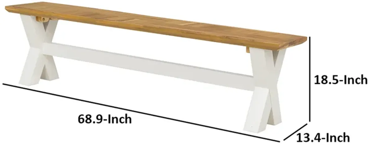 70 Inch Dining Bench, White X Leg Trestle Base, Acacia Wood, Brown Seat - Benzara