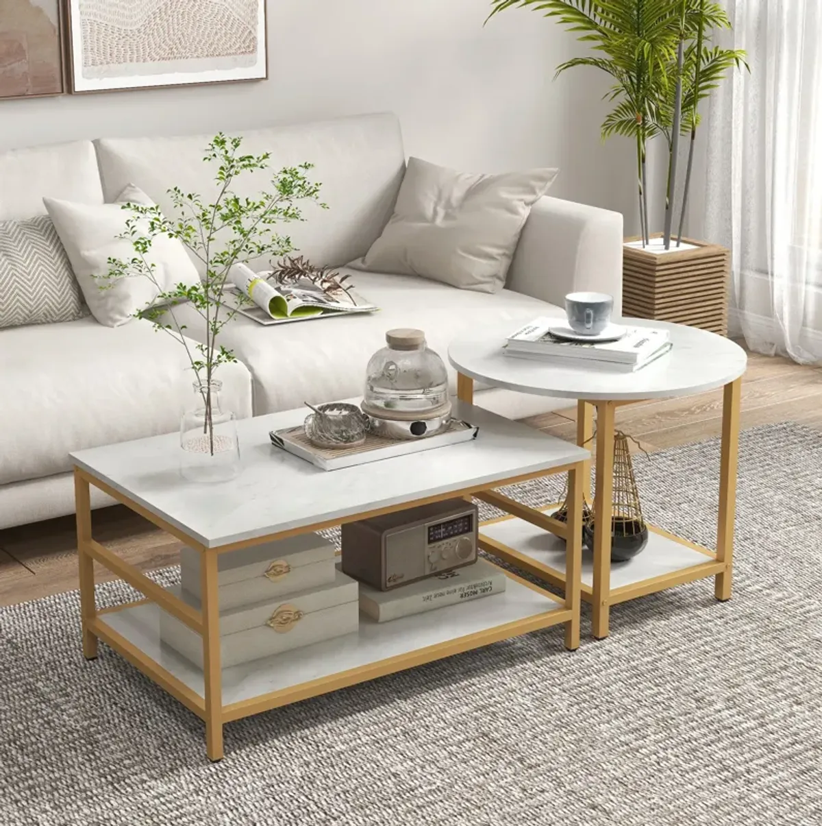 White Living Room Set: Coffee Tables with Faux Marble Top & Storage