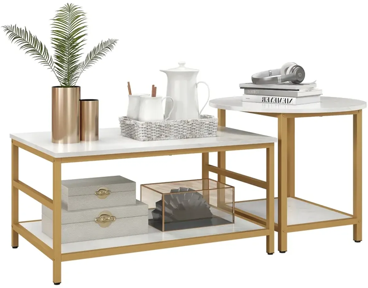 White Living Room Set: Coffee Tables with Faux Marble Top & Storage