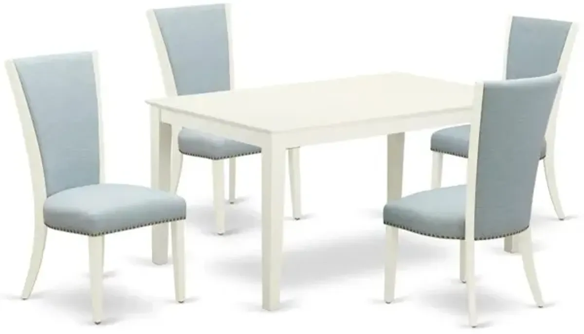 East-West Furniture CAVE5-LWH-15 - A wooden dining table set of 4 amazing indoor dining chairs with Linen Fabric Baby Blue color and a lovely mid-century dining table with Linen White color