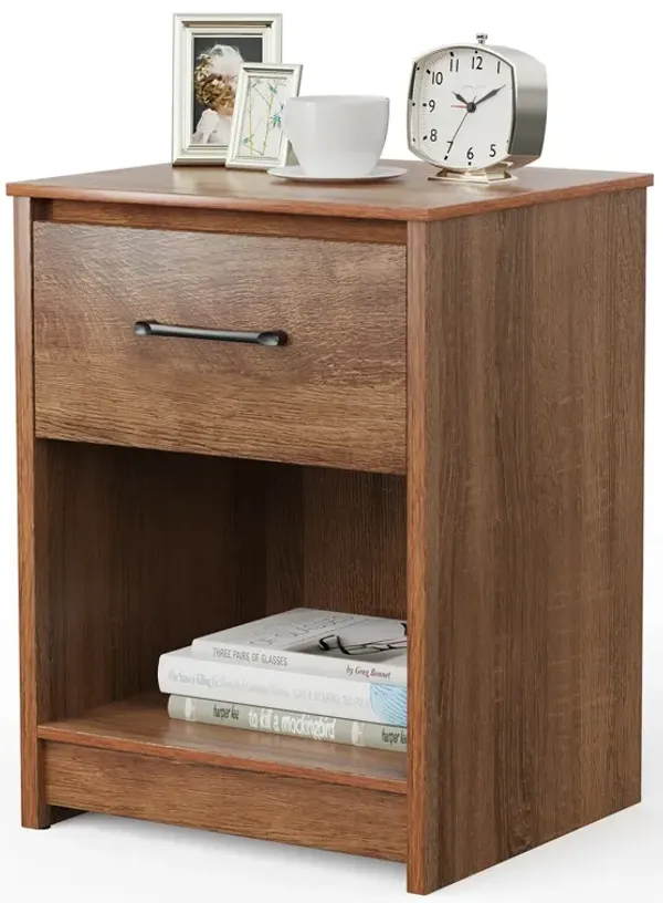 Wooden Nightstand with Drawer and Open Storage Compartment-Brown
