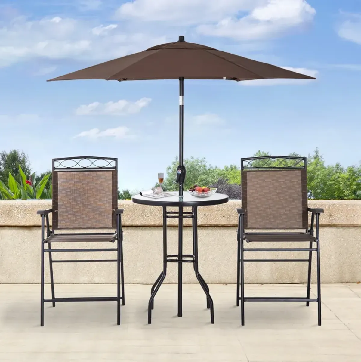 Brown Bistro Duo: 2-Person Patio Bar Set with Tilting Umbrella