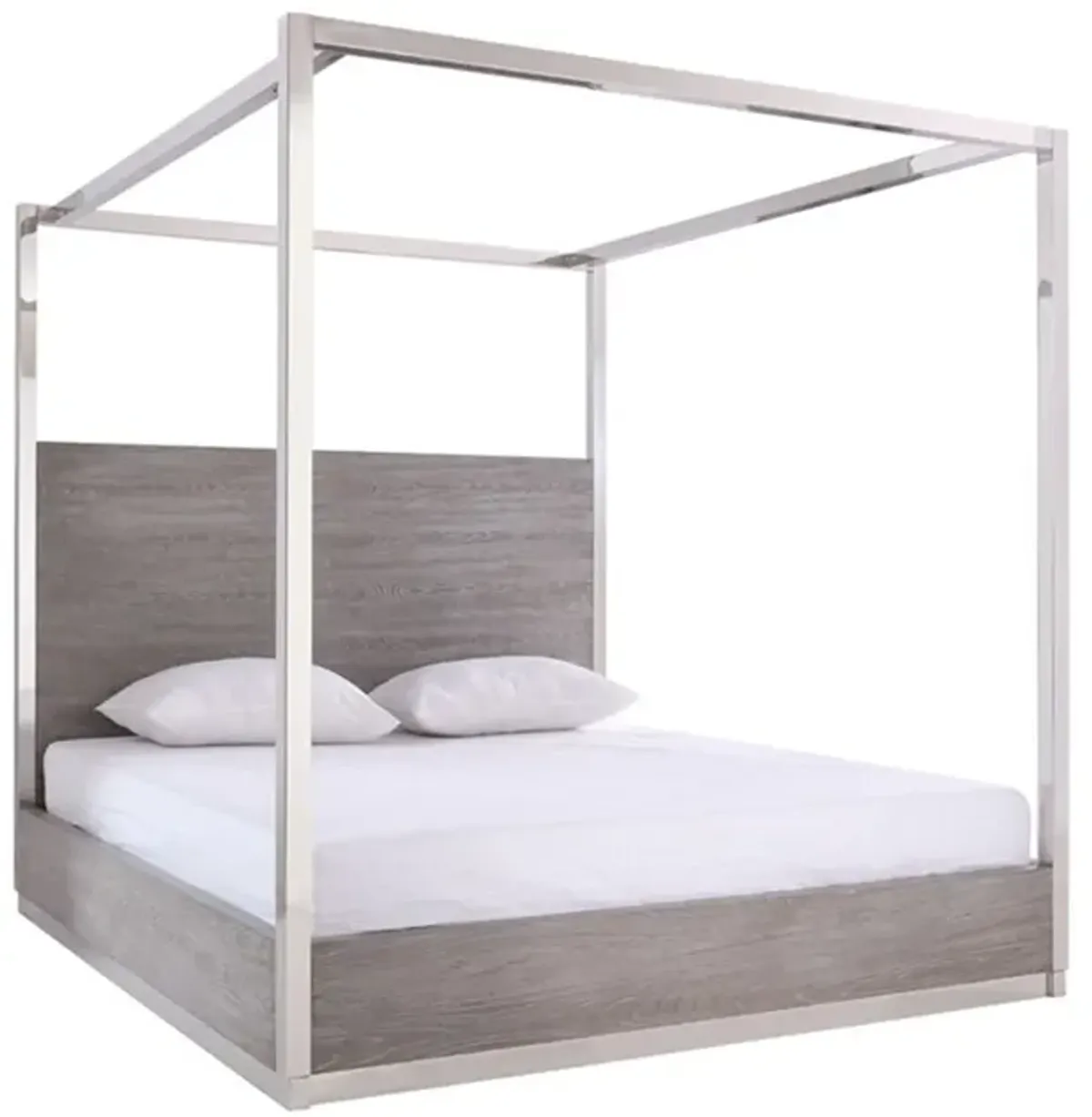 Cid Anvi Platform King Bed, Stainless Steel Canopy, Gray Elm Veneer - Benzara