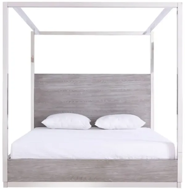 Cid Anvi Platform King Bed, Stainless Steel Canopy, Gray Elm Veneer - Benzara