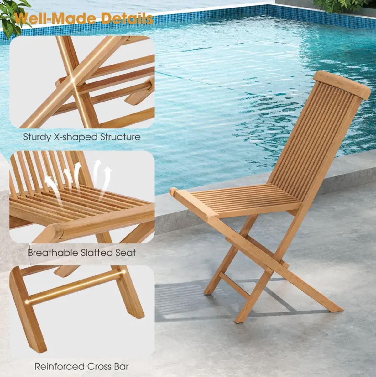 Set of 2 Teak Patio Folding Chairs with High Back and Slatted Seat