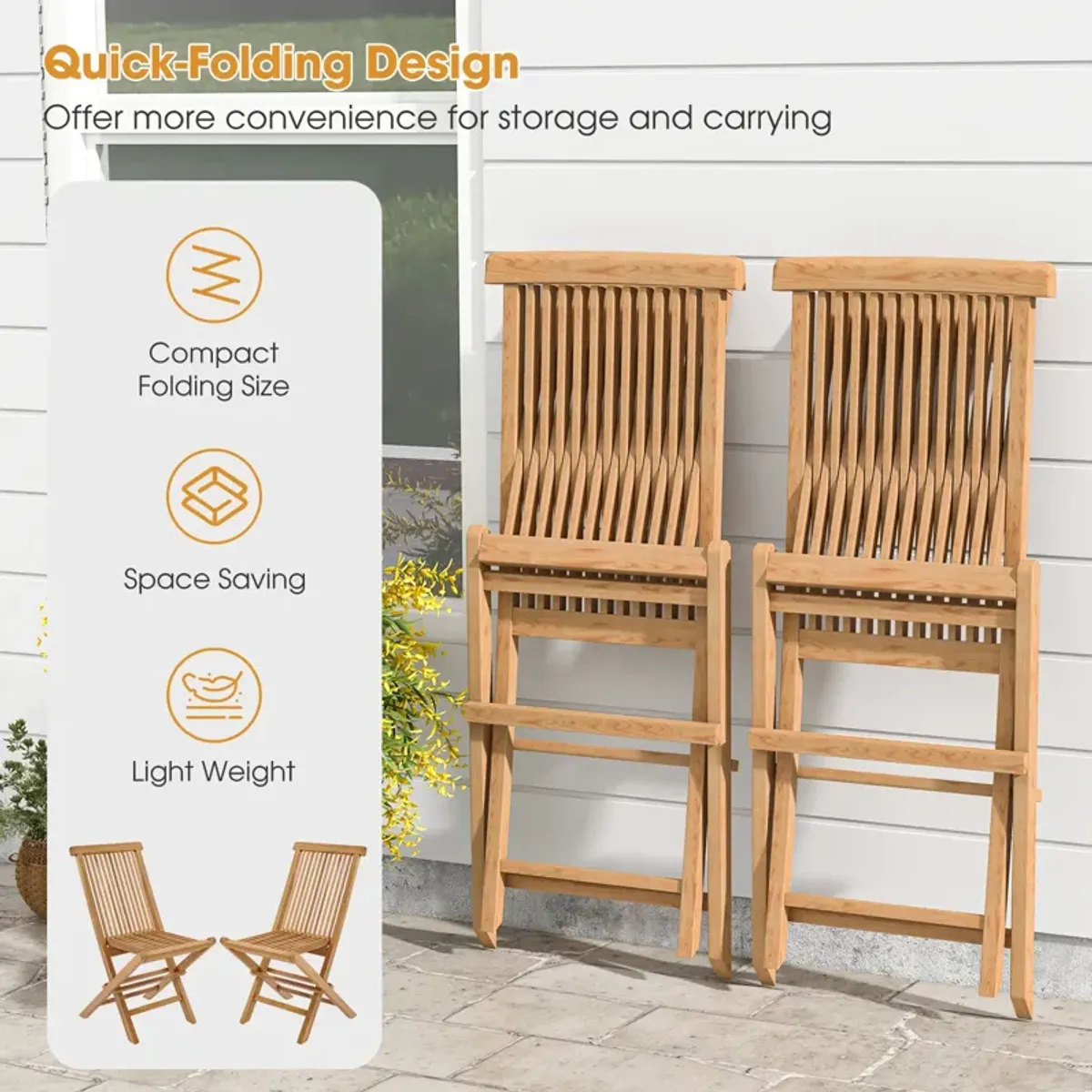 Set of 2 Teak Patio Folding Chairs with High Back and Slatted Seat