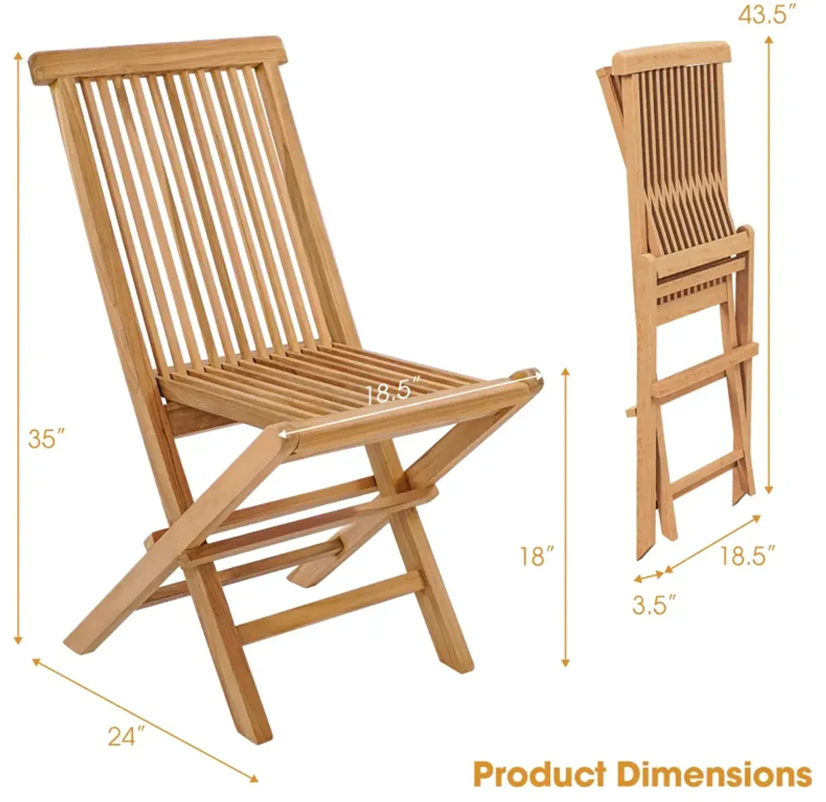 Set of 2 Teak Patio Folding Chairs with High Back and Slatted Seat