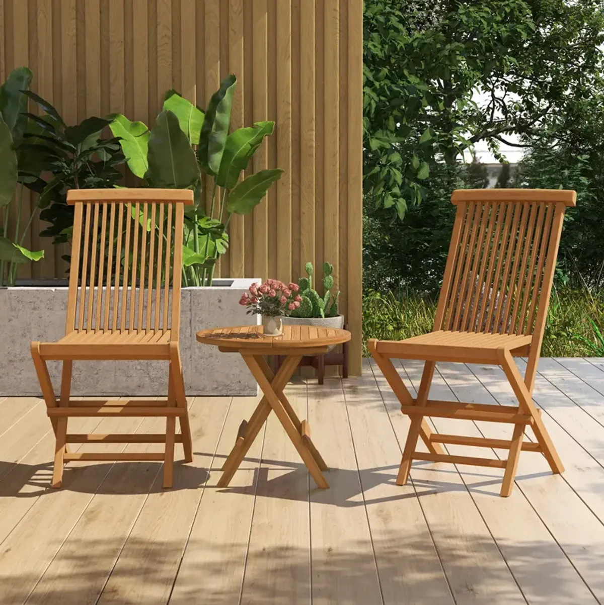 Set of 2 Teak Patio Folding Chairs with High Back and Slatted Seat