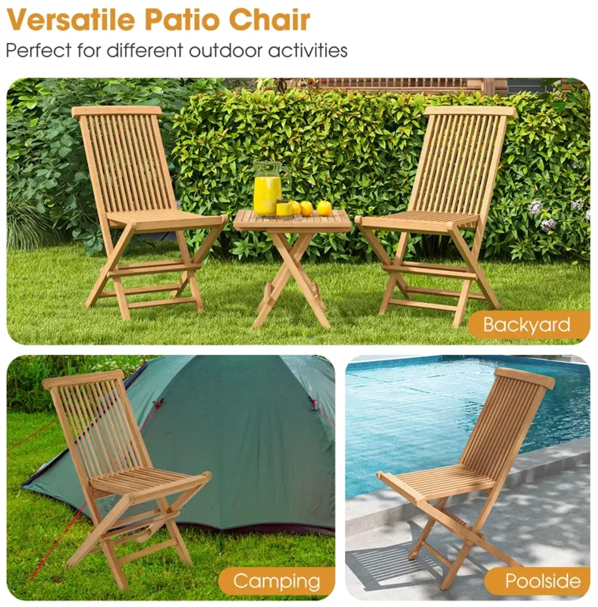 Set of 2 Teak Patio Folding Chairs with High Back and Slatted Seat