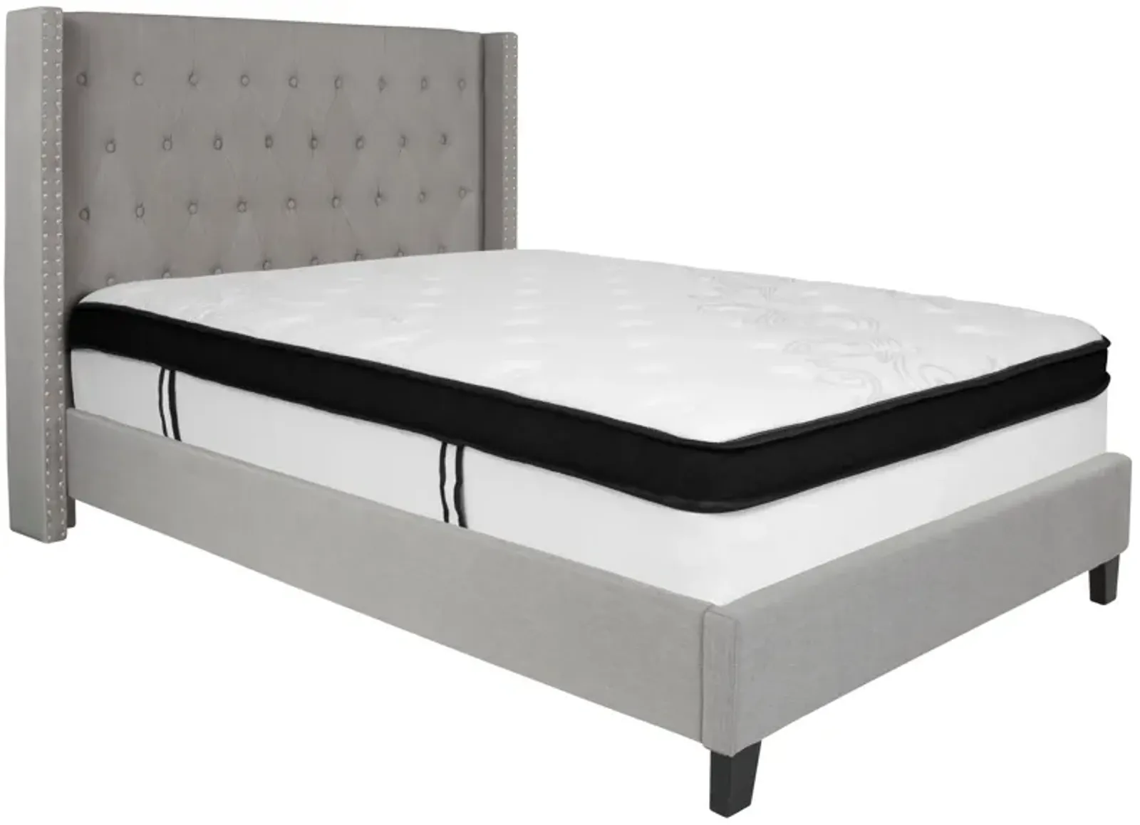 Riverdale Full Size Tufted Upholstered Platform Bed in Light Gray Fabric with Memory Foam Mattress