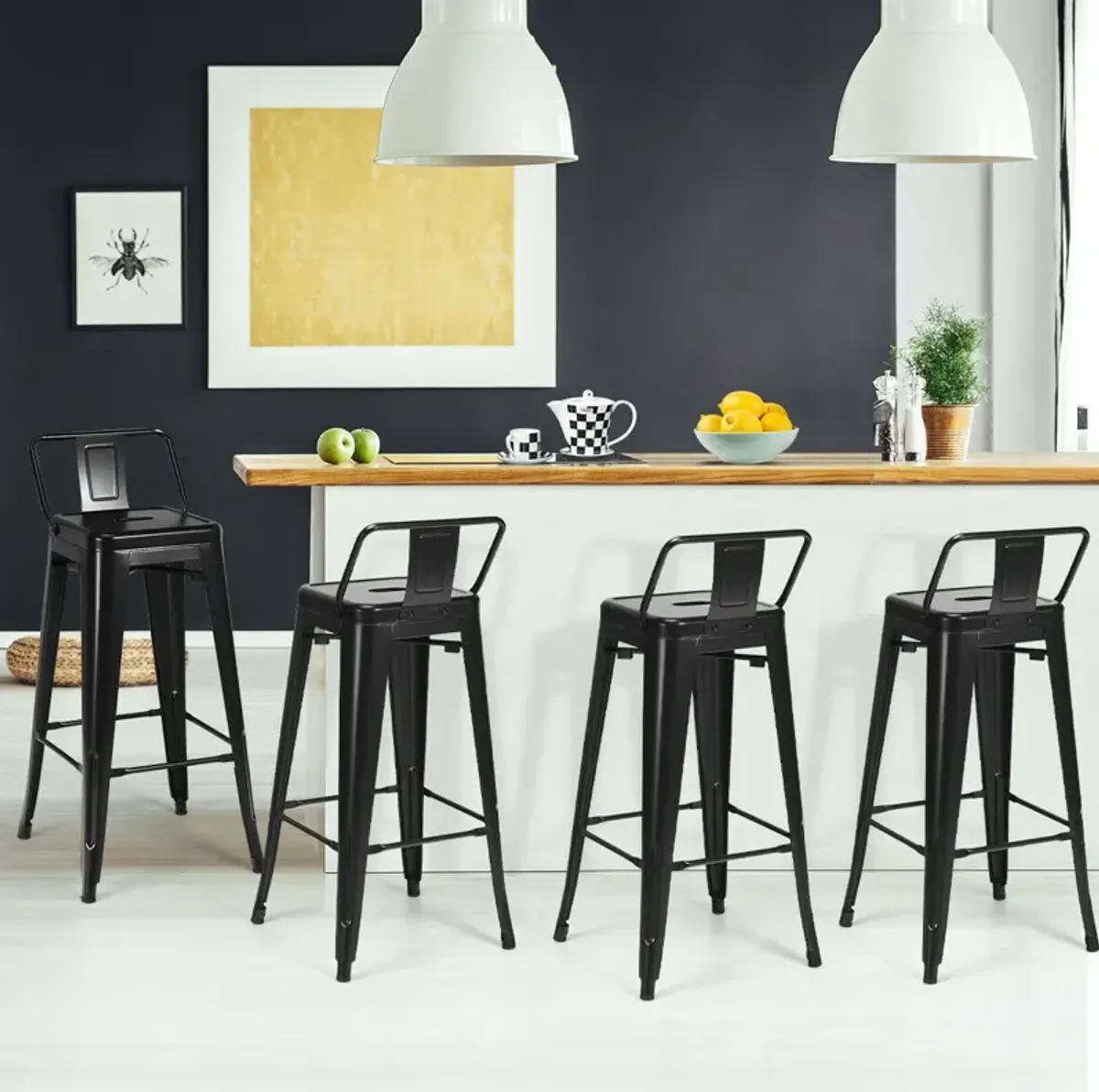 30 Inch Set of 4 Metal Counter Height Barstools with Low Back and Rubber Feet