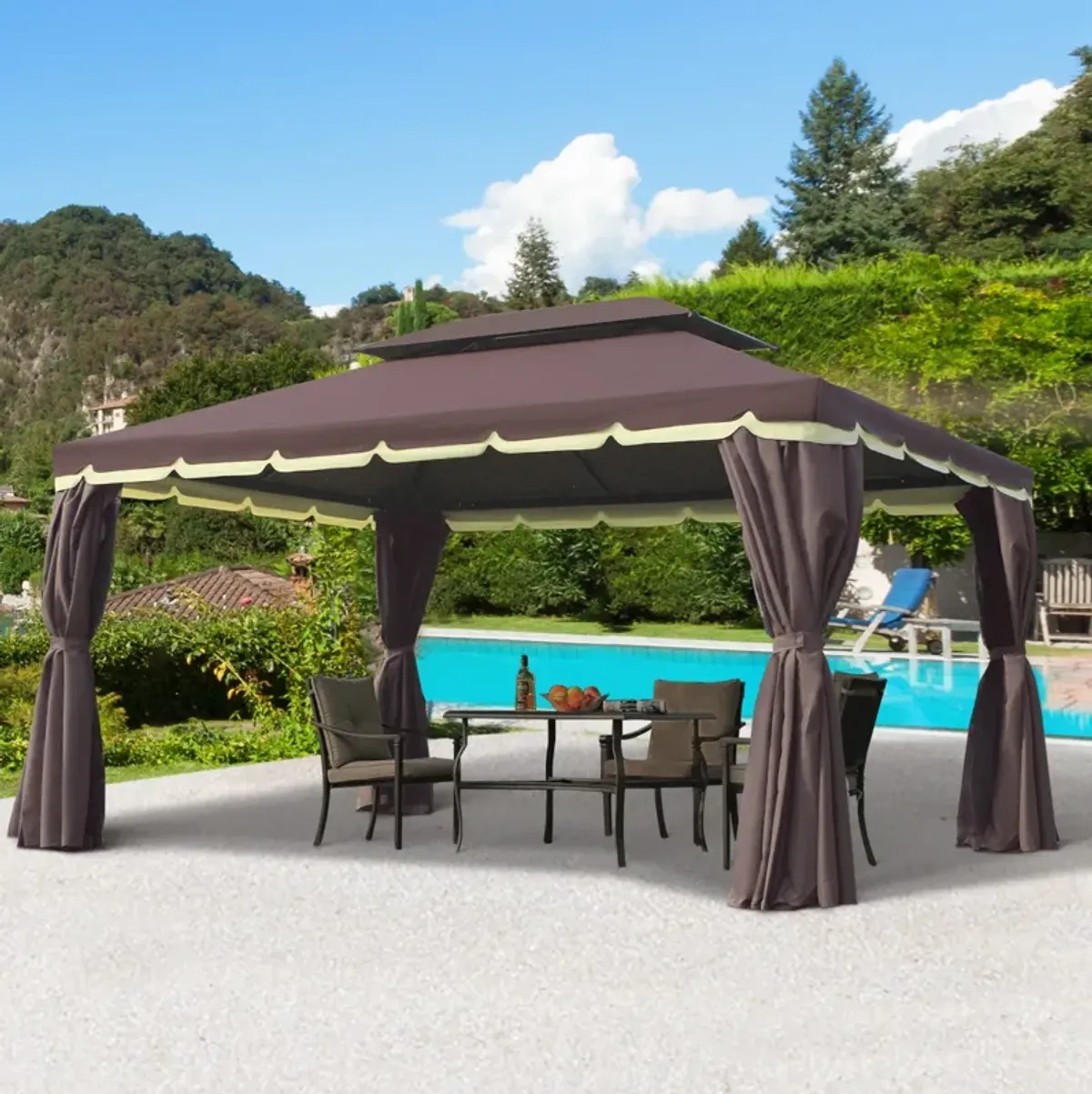 Coffee-Colored Haven: 10'x13' Patio Gazebo with Vented 2-Tier Roof & Mesh Walls