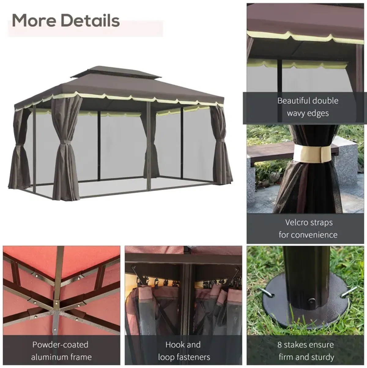 Coffee-Colored Haven: 10'x13' Patio Gazebo with Vented 2-Tier Roof & Mesh Walls