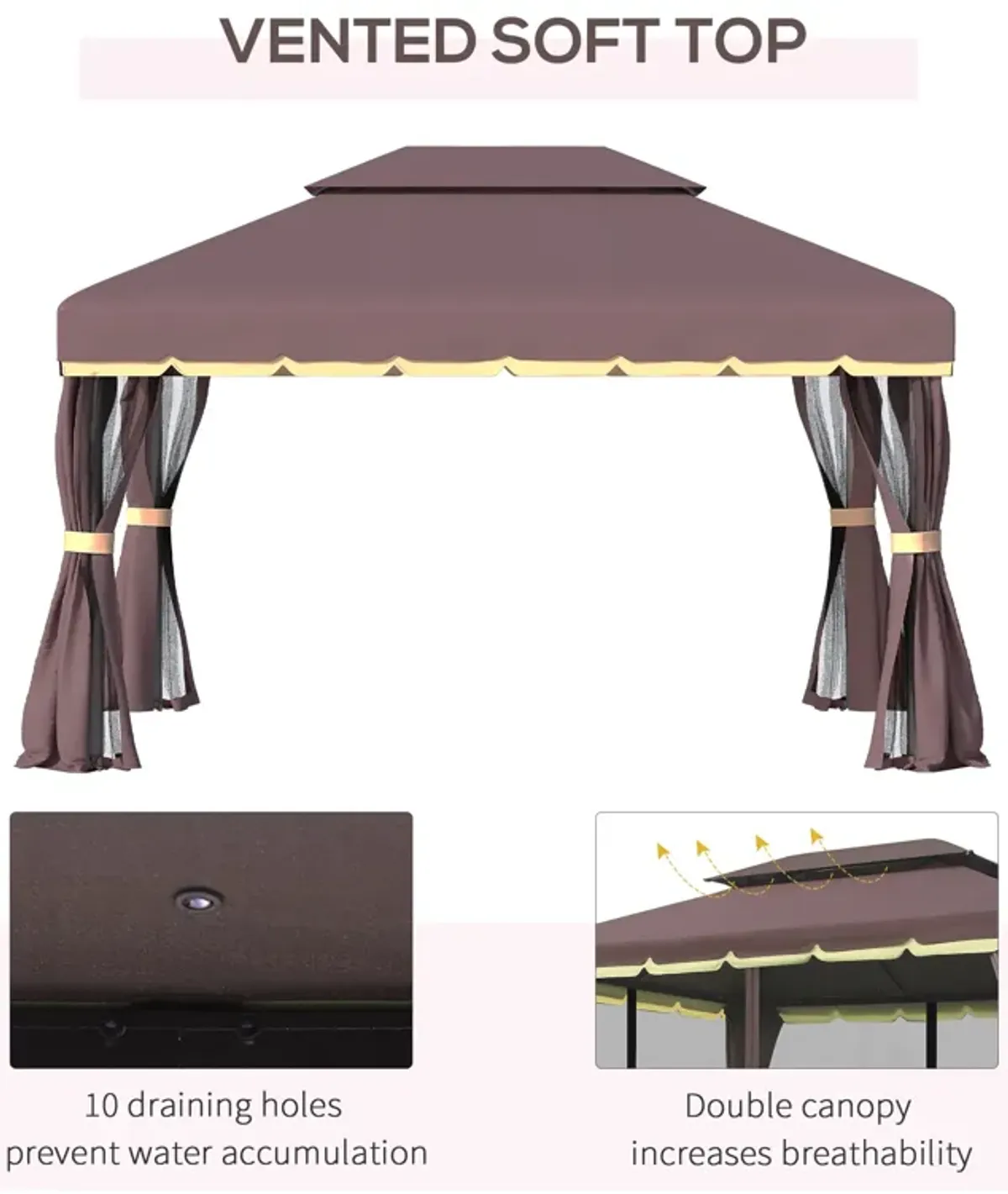 Coffee-Colored Haven: 10'x13' Patio Gazebo with Vented 2-Tier Roof & Mesh Walls