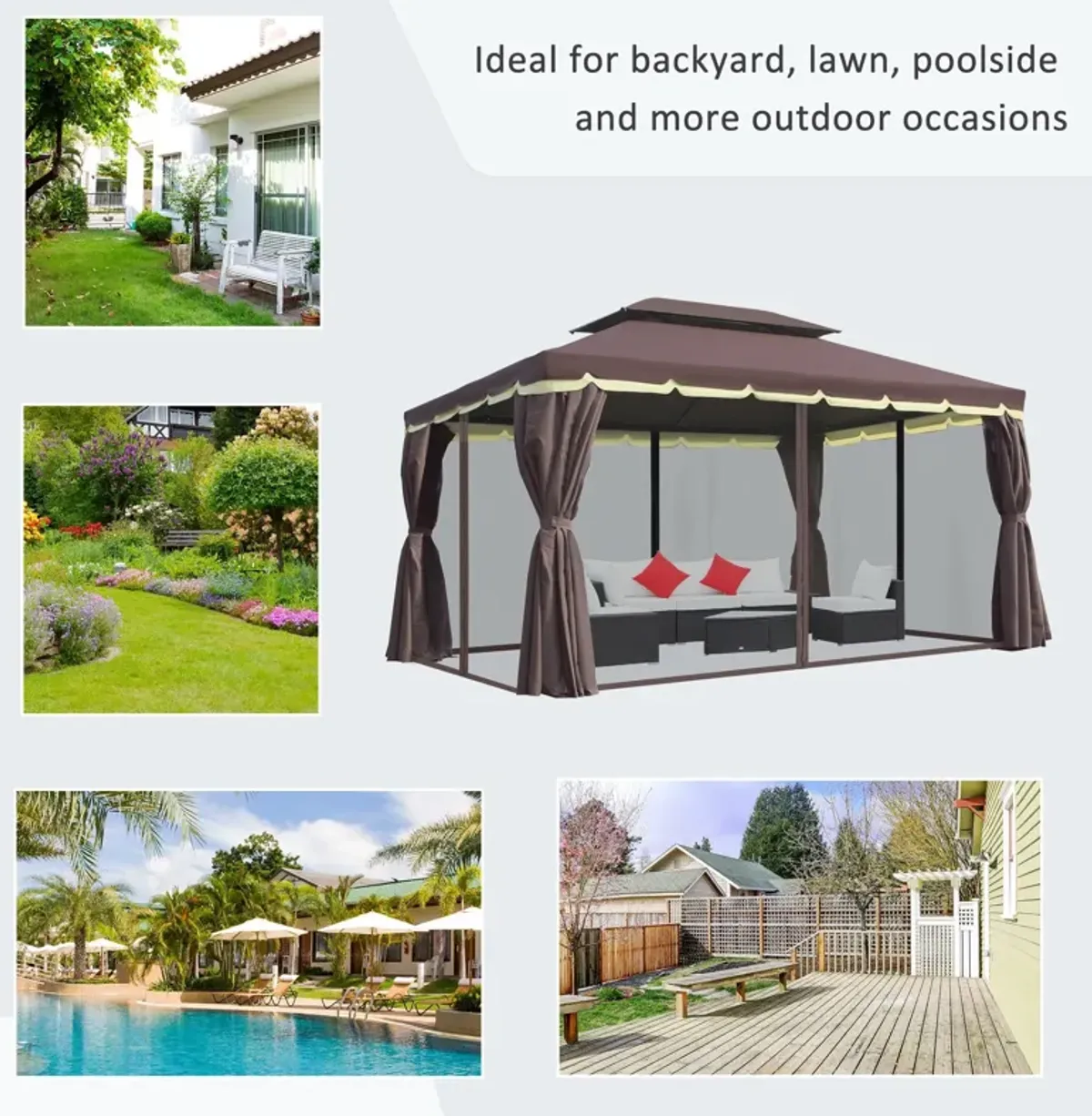 Coffee-Colored Haven: 10'x13' Patio Gazebo with Vented 2-Tier Roof & Mesh Walls