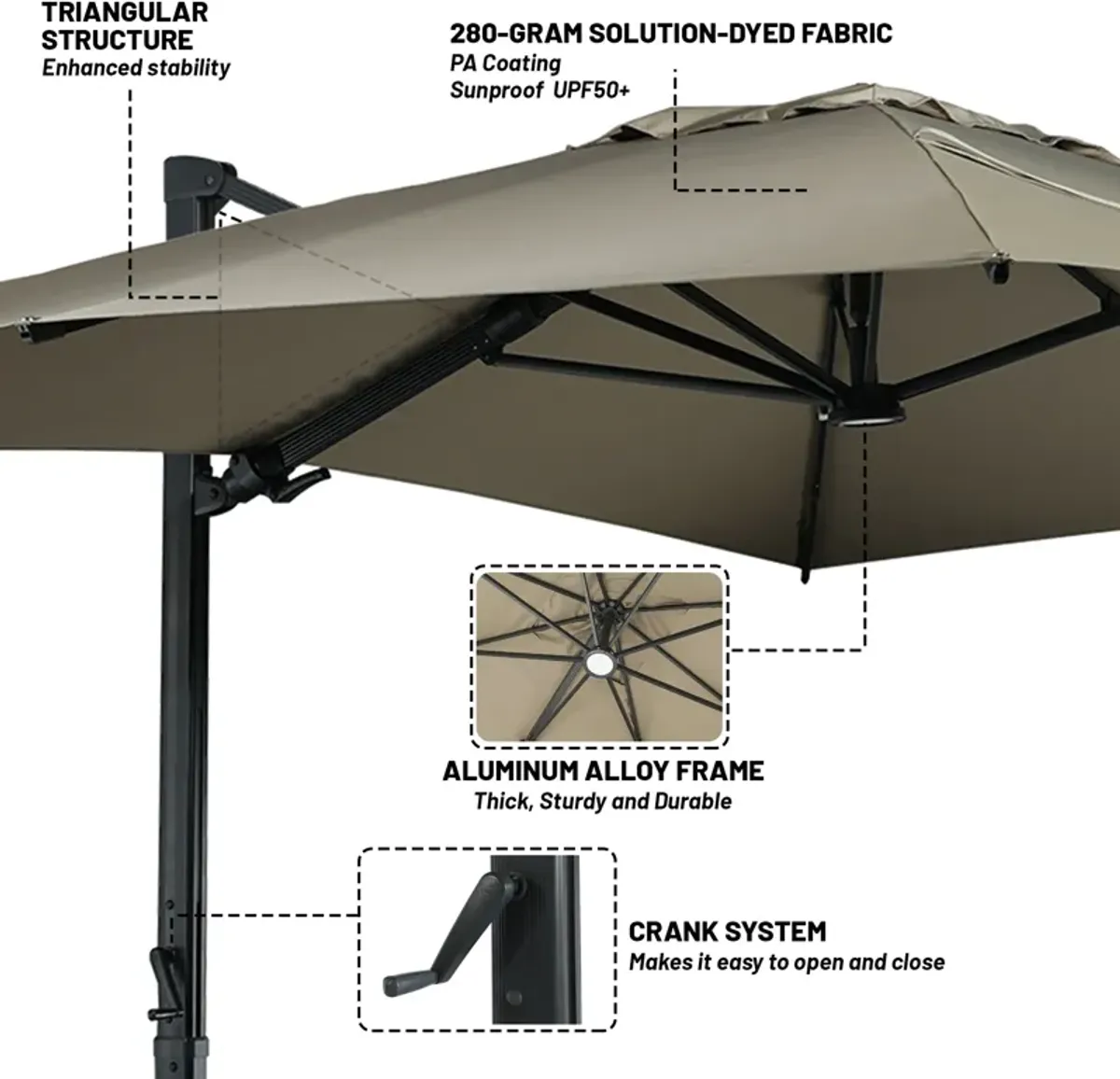 10x13 ft. 360° Rotation Square Cantilever Patio Umbrella with LED Light in Taupe