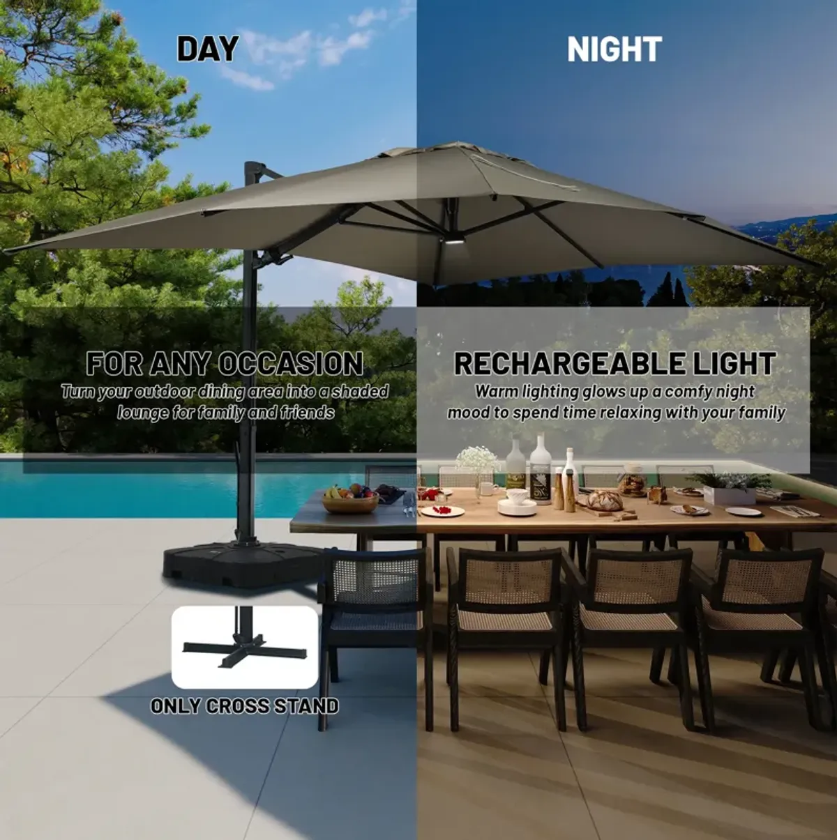 10x13 ft. 360° Rotation Square Cantilever Patio Umbrella with LED Light in Taupe