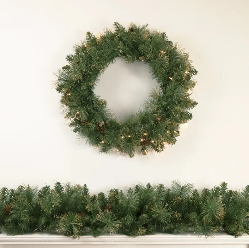 Pre-Lit Yorkshire Pine Artificial Christmas Wreath  24-Inch  Clear Lights