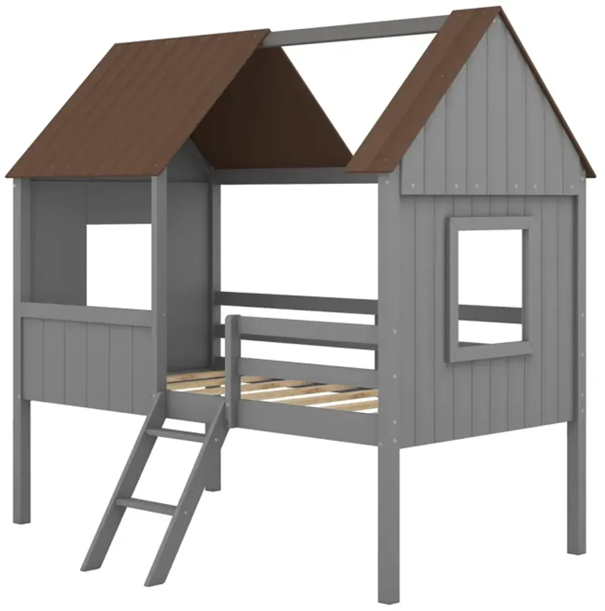 Twin Size Low Loft Wood House Bed With Two Side Windows