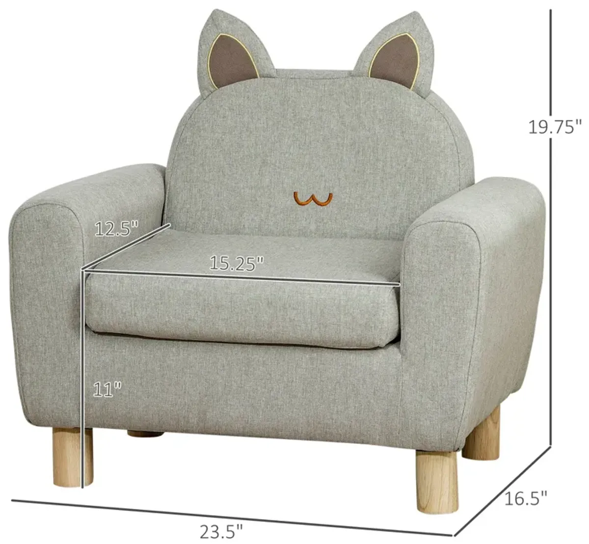 Grey Toddler Seat: Cat Ear Backrest Armchair with Wooden Legs