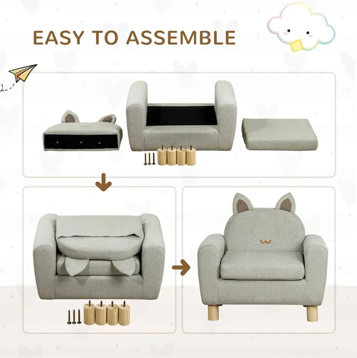 Grey Toddler Seat: Cat Ear Backrest Armchair with Wooden Legs