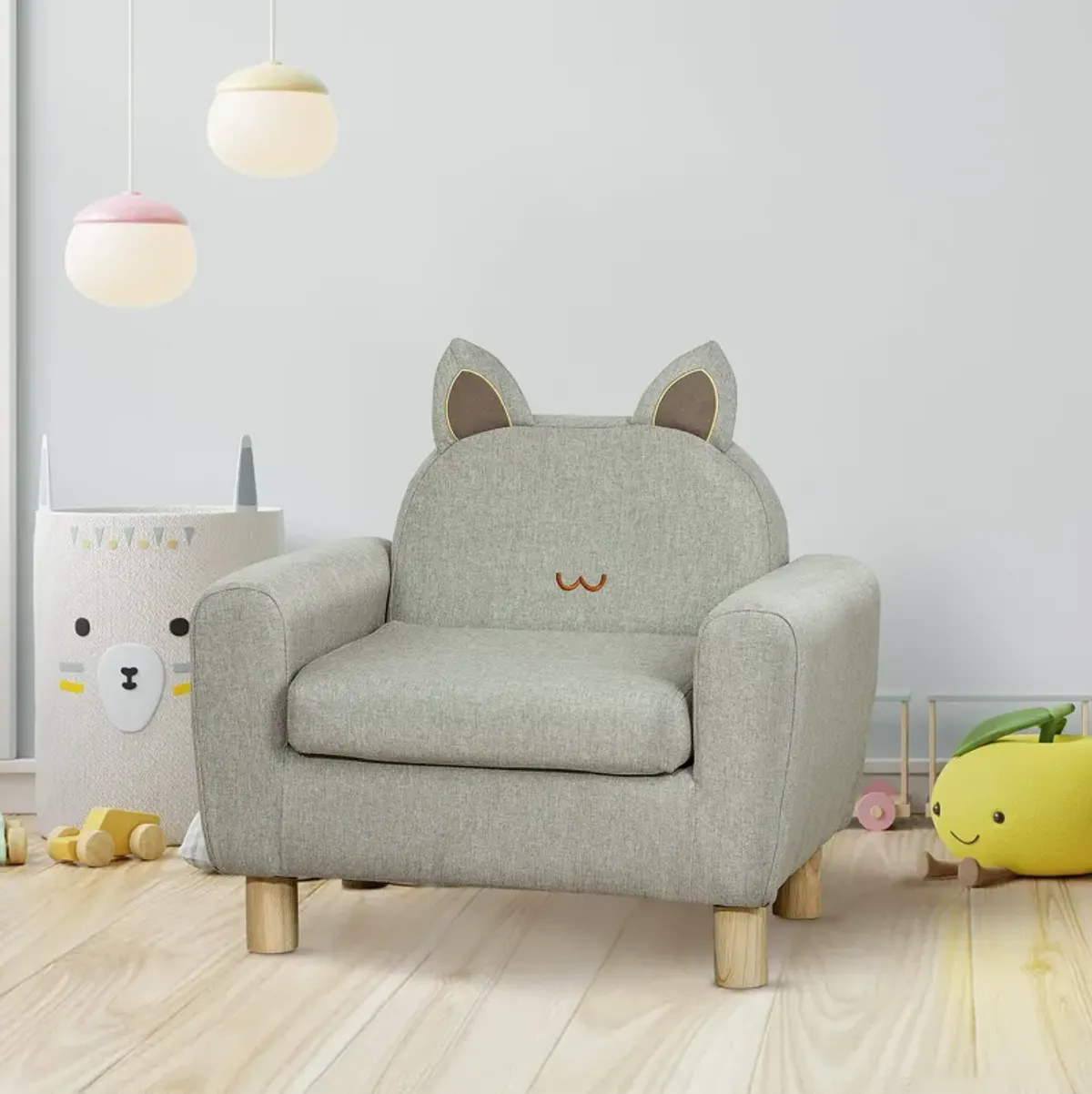 Grey Toddler Seat: Cat Ear Backrest Armchair with Wooden Legs