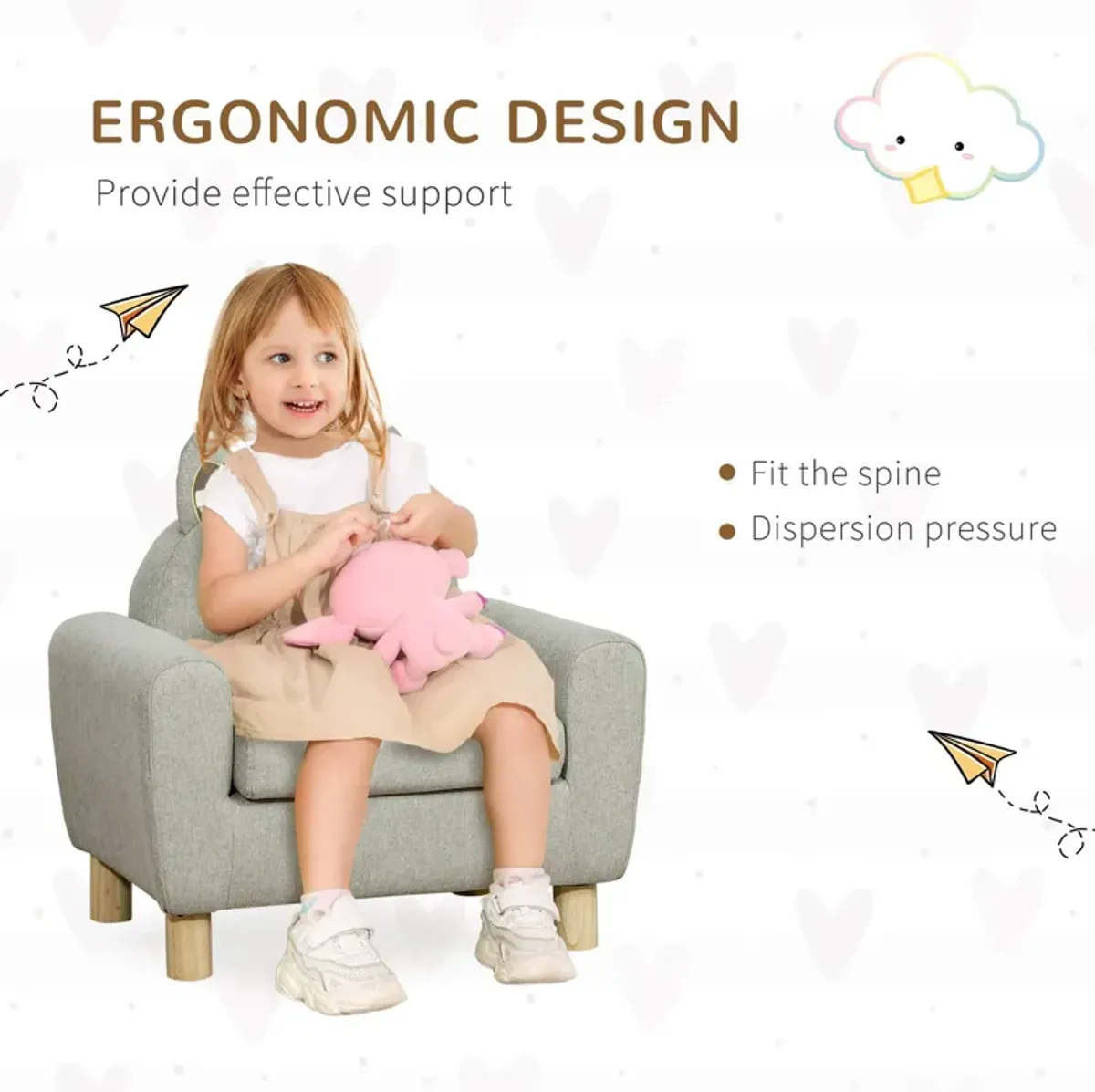 Grey Toddler Seat: Cat Ear Backrest Armchair with Wooden Legs