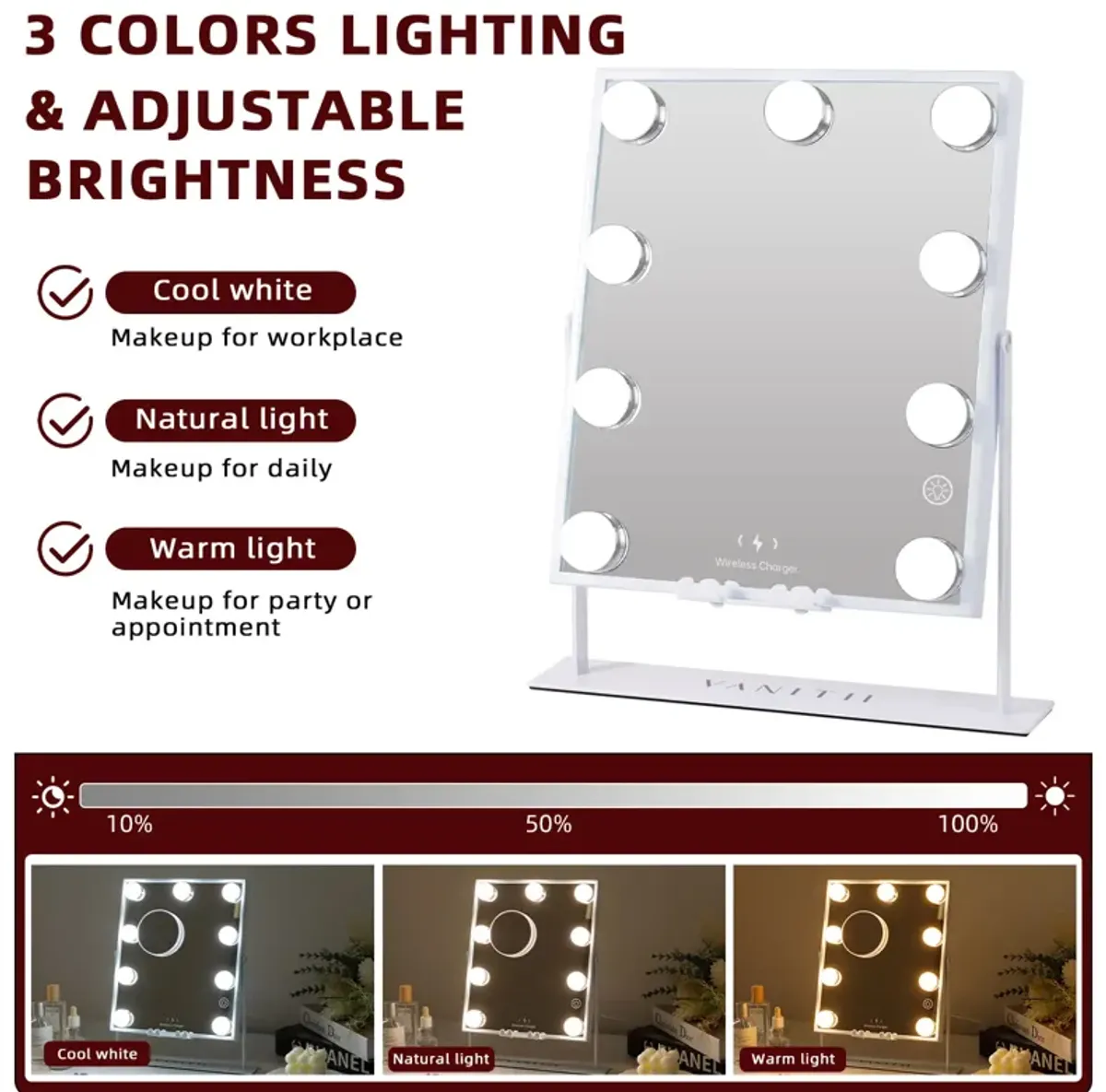 10''*12''Hollywood Makeup Vanity Mirror 9 LED Blubls with Buletooth Wireless Charging White   Clearance Sale!!!!