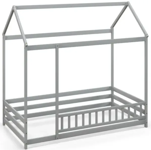 Hivvago Twin Size Kids House Bed Wooden Floor Bed with Roof and Full-length Safety Guardrail