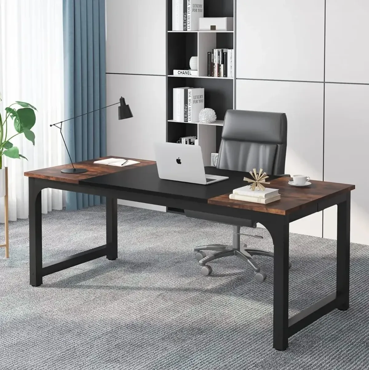 Tribesigns 70.8”Executive Desk, Large Office Computer Desk with Thicken Frame, Modern Simple Workstation Business Furniture for Home Office, Rustic Brown/Black